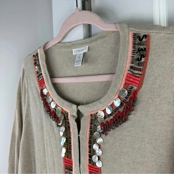 Chicos Linen Blend Treasured Trinkets Beaded Cardigan Sweater Size 2 Large Tan - Picture 7 of 13